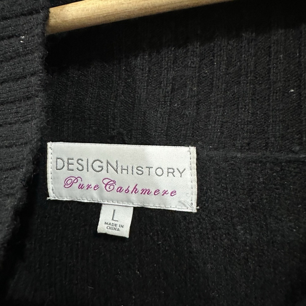 Design History Sweater Women's Large Shawl Collar Pure Cashmere Fisherman Black - Picture 2 of 7